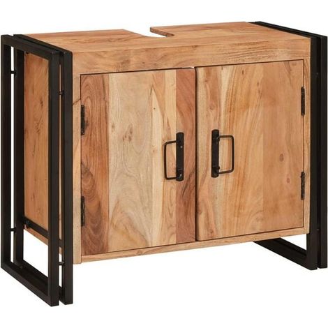Meuble de Salle de Bain en Bois d'Acacia Massif, Meuble Vasque Mural 71x33x58 cm, Couleur Marron, Style Moderne et Élégant (1/5)