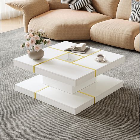Tavolino da salotto quadrato 80x80x38 cm a due livelli con vano centrale, metallo dorato, pannello truciolare bianco (1/5)