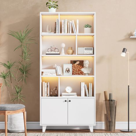 Librería 80 x 30 x 173 cm, 7 compartimentos, LED, puertas, blanco HAVRYA (1/5)