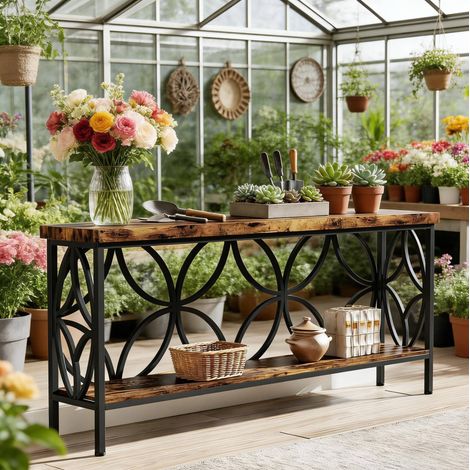 Table console industrielle 160x30x80 cm noir et brun rustique, 2 niveaux, métal et bois MEUBLIV (1/5)