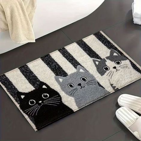 Tapis de Bain Antidérapant Motif Chat Polyester Doux, Design Rayé Noir, Gris et Blanc, Décoration Salle Bain, Cuisine ou (1/4)