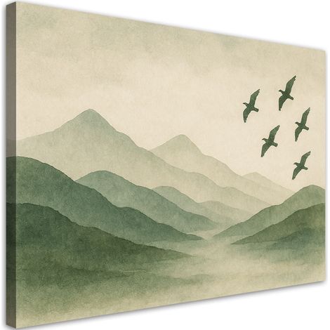 Quadro su tela, Montagne Natura Acquerello Verde Uccelli - 60x40 (1/3)