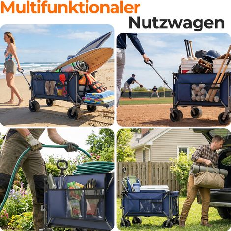 Chariot pliable 200L+100L avec trappe arrière, dimension 140cm, roues tout terrain 17x10cm, multifonction pour jardin, plage et courses quotidien, bleu (1/4)