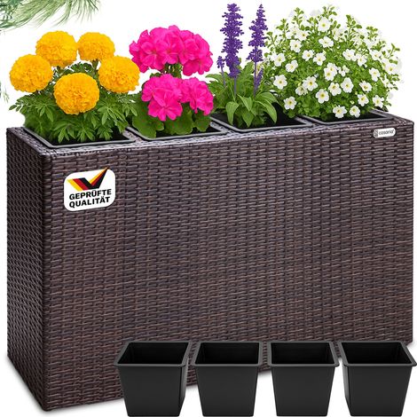 CASARIA® Flower Box Large Tall Rattan Flower Pot Planter 4 Removable Inner Plant Pots With Water Drain Poly Rattan Mesh Trough Flower Box Planters Outdoor Garden 95x27x60cm Brown