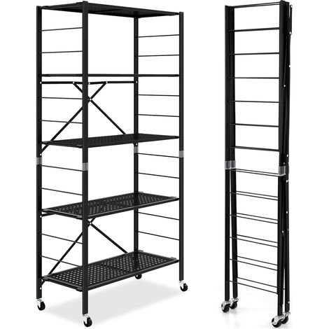 Goplus – Étagère pliable réglable en hauteur 5 niveaux – Cadre métallique noir – Capacité 90 kg – Roulettes avec freins pour mobilité (1/5)