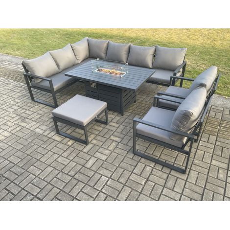 Fimous Aluminium Outdoor Garden Furniture Corner Sofa Gas Fire Pit Dining Table Sets Gas Heater Burner with 2 Chairs Big Footstool Dark Grey 9 Seater (1/5)