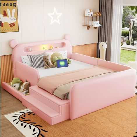 Lit enfant 140x200 cm en cuir synthétique rose, avec rangement pour chambre FloraGrace (1/5)