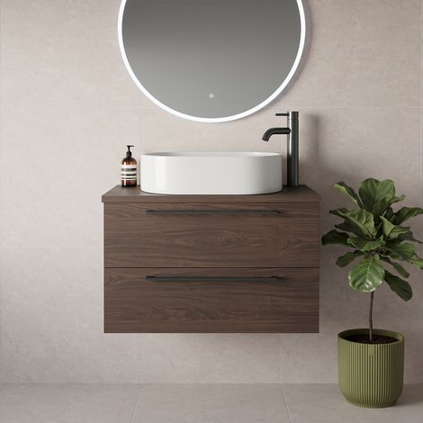 Napoli 390 Brown Oak 800mm Wall Mounted 2 Drawer Vanity Unit for Countertop Basins - 800mm - Gunmetal Grey 480mm Handle