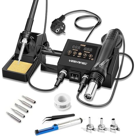 600W 2-in-1 Soldering Station, Soldering Iron + Heat Gun, LED Display, Adjustable Temperature 100-500°C, °C/°F Conversion, Temperature Calibration and Sleep Function (1/5)