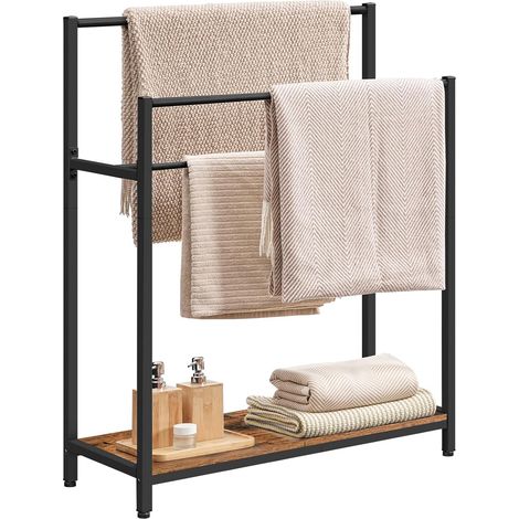 Porte-Serviettes sur Pied à 3 Niveaux, Organisateur de Tapisserie avec étagère, Support à Serviettes pour Piscine, Salle de Bain, Salon, Chambre, Noir et Marron Rustique (1/5)