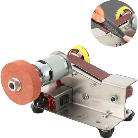 Lijadora de banda, 220 V, velocidad ajustable de 500 a 1500 RPM, dimensiones compactas 30,0 x 10,0 x 12,0 cm, incluye 10 bandas de lijado, incluye 20 hojas de papel de lija (1/5)