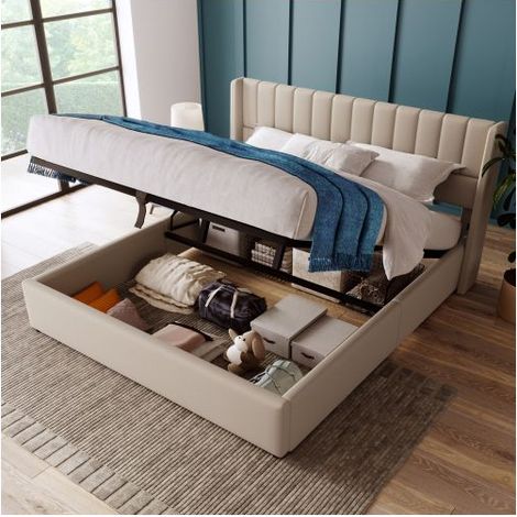 Lit coffre - SOGEU - 160x200 cm lin beige - Tête rembourrée rayée - Sommier à lattes inclus - Grand coffre (1/5)