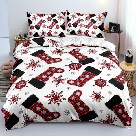 Parure de lit 3D Noël 155x220cm avec motif chaussette de Noël, microfibre, blanc