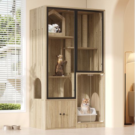 Casa per gatti 90x50x160 cm in MDF e vetro naturale, con contenitore FLORAGRACE (1/5)