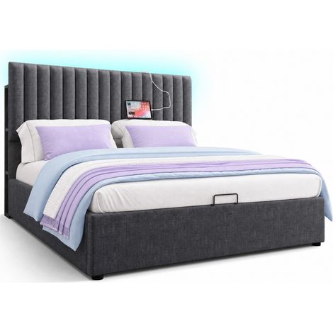 Lit coffre double 140x200 avec tête de lit LED, USB et Type-C, rangement intégré, cadre en métal, gris, avec matelas, contrôle via application, style tissu - CHICFURN (1/5)