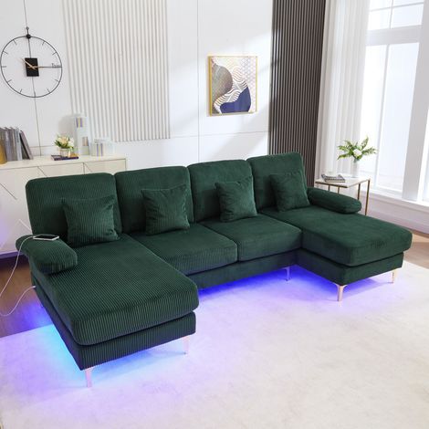 Neche Modernes U-förmiges 4-Sitzer-Sofa mit LED-Beleuchtung und USB-C, Cordstoff, Massivholzrahmen, 4 Kissen, Grün