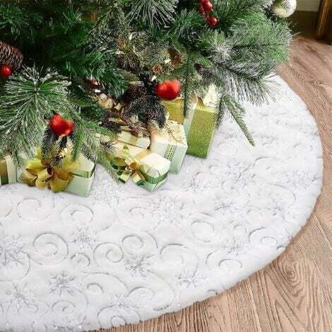 [NEVER USED] 90cm Plush Christmas Tree Skirt, Christmas Tree Decoration, Sequins, Silver Snowflake, Christmas Mat, Tree Base Cover, Blanket