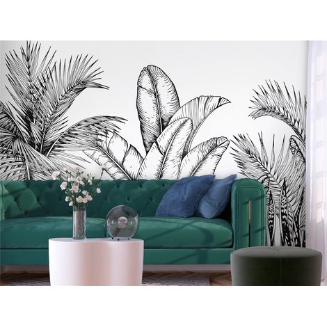 Papier peint dessiné tropical noir et blanc - Élégance végétale - 200 x 140 cm (1/4)