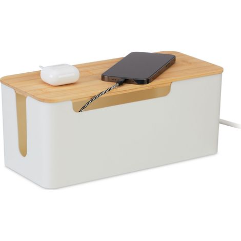 Relaxdays Kabelbox für 2 Steckdosenleisten, Bambusdeckel, Kunststoff, HBT: 13 x 31 x 14 cm, Kabel verstecken, weiß/natur