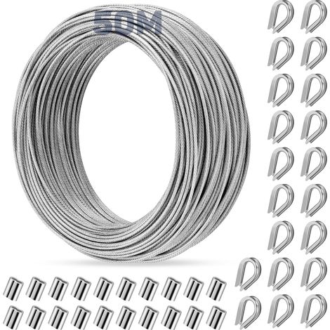 Câble métallique 2 mm, 50 m, gainé, en acier inoxydable 304, avec 20 cosses et 20 manchons de sertissage pour tuteurs, suspension lumineuse, clôture, corde à rideau, corde de rideau de douche (1/5)