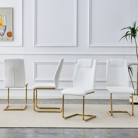 Lot de 4 chaises de salle à manger scandinaves cuir PU blanc, dossier treillis, pieds métal doré antidérapants, élégantes