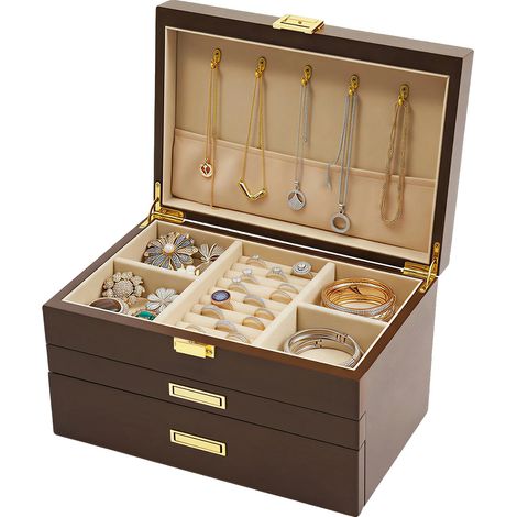 Boîte à bijoux, 3 couches, organisateur élégant, Noyer noir (1/2)