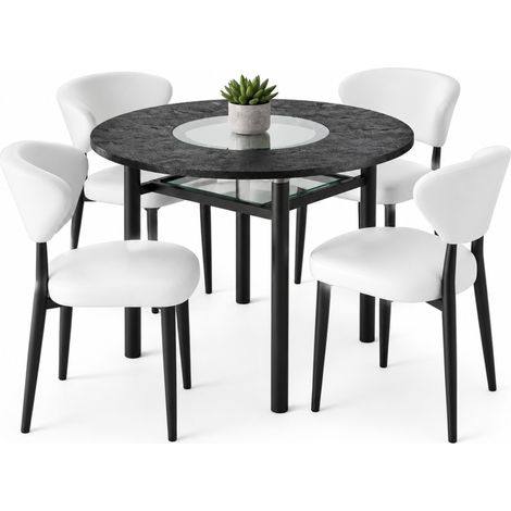 ELVMI Set Tavolo e Sedie con 1 Tavolo Rotondo e 2 Sedie, Piano in Vetro, MDF, Metallo e PU Nero e Bianco (1/5)
