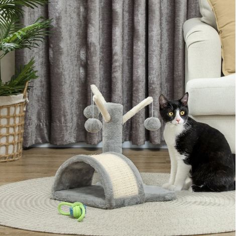 Árbol para gatos de 40 cm con caseta, 2 pelotas de juego y rascador, gris claro OKMYHOME (1/5)