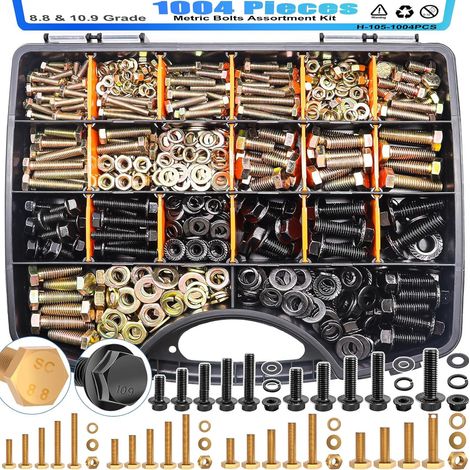 Kit de visserie métrique 1004 pièces, assortiment de boulons à tête hexagonale extérieure et vis à embase noires, écrous hexagonaux et rondelles, acier au carbone classe 8.8, bichromaté jaune et zingu (1/5)