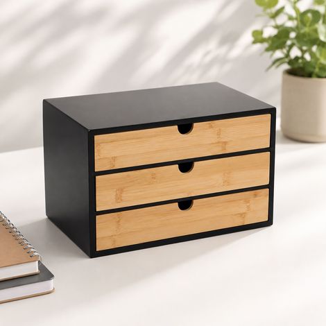 Relaxdays Schubladenbox, Bambus & MDF, 3 Schubladen, H x B x T: 20 x 33 x 21 cm, Schreibtisch Organizer, schwarz/natur (1/5)