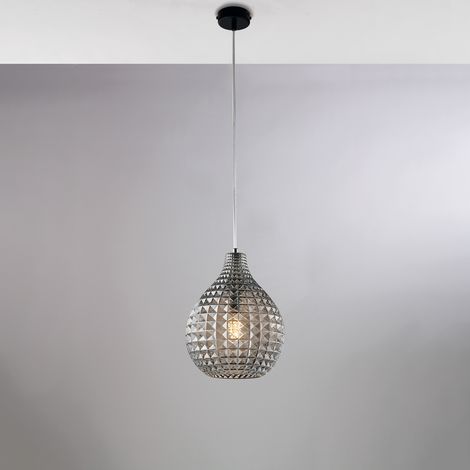 Sospensione in ferro laccato nero e montatura cromo con cavo elettrico regolabile e diffusore in vetro soffiato grigio specchiato con decoro effetto cristallo 1 luce H.32 - MAX 132 - Ø21