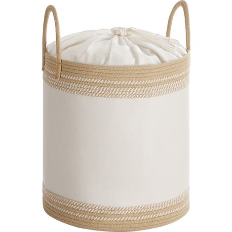 Panier à Linge, Corbeille 60 L, Rangement avec Couvercle, Corde en Coton, Poignée, Cordon de Serrage, pour Vêtements, Couvertures, Salon, Chambre, 41 x 41 x 46 cm, Marron Camel (1/5)