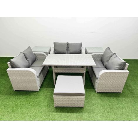 Fimous 7 Seater PE Wicker Rattan Furniture Sofa Sets with Rectangular Dining Table 2 Seater Love Sofa Big Footstool 2 Side Table Light Grey (1/4)