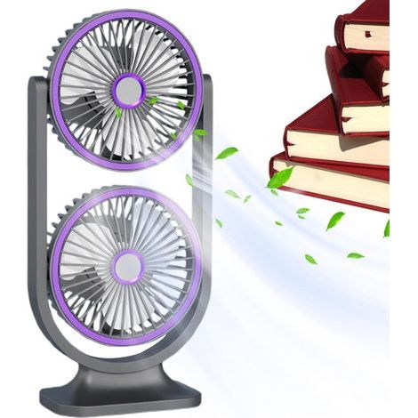Ventilateur de bureau rechargeable par USB – Ventilateur de refroidissement personnel portable à double tête pour la maison, l'extérieur, les voyages, l'école, la chambre, le salon, la voiture