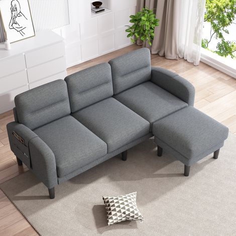 Canapé d'angle en L, 3 places avec méridienne, petit canapé d'angle, poche de rangement latérale, pieds de 10 pouces, idéal pour le salon, 204 x 136 x 80 cm, gris (1/5)