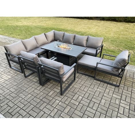 Fimous Aluminium 11 Seater Garden Furniture Outdoor Set Patio Lounge Sofa Gas Fire Pit Dining Table Set with 3 Chairs Big Footstool Dark Grey (1/5)
