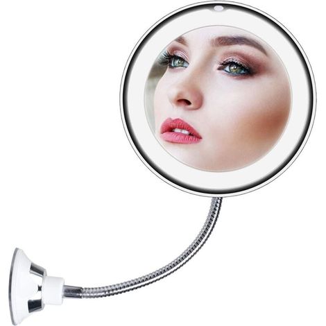 Specchio da trucco flessibile a collo d'oca 10x con luci e ingrandimento, specchio ingranditore a batteria senza fili con ventose per bagno a parete (1/4)
