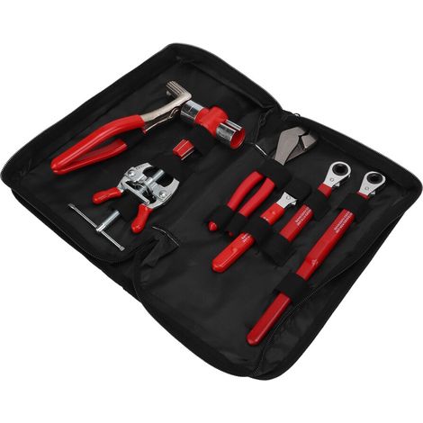 Kit di attrezzi per la riparazione di batterie, composto da 7 pezzi in acciaio, tra cui pinze per terminali e leva, colore argento/rosso.