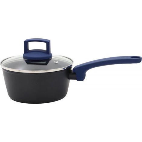 Cazo Aluminio con Tapa de Cristal Ø16 cm  Olla Azul con Revestimiento Antiadherente Efecto Piedra  Profundidad 7,5 cm (1/4)
