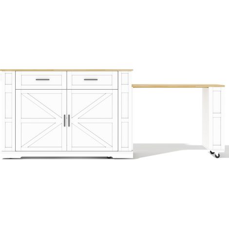 Ausziehbare Kücheninsel 130 x 50 x 93 cm mit Steckdosen, 2 Schubladen, MDF, Weiß Eiche (1/5)