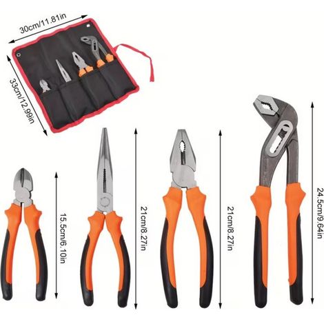 4pcs Pliers Set with Storage Pouch, Long Nose, Side Cutters & Water Pump Pliers, Heavy Metal Automotive & DIY Hand Tools with Ergonomic Non-Slip Grips (1/5)