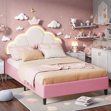 Bett Mädchen, Bett Prinzessin 140x200 cm, Gepolstertes Bett Rosa, Doppelbett mit LED-Beleuchtung, Krone Bett für Kinder, Höhe verstellbar