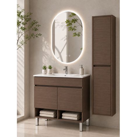 Bathroom cabinet with legs and ultra-slim basin ORIGENBATH NEBARI with legs and doors without mirror 60x45 cm tea ash with column (1/5)