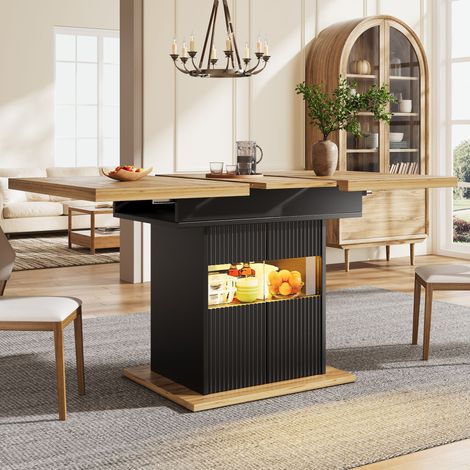 Table à manger extensible LED 110-140x80x76 cm rangement intégré, étagère réglable, éclairage LED, charge max 60 kg, bois, noir (1/5)