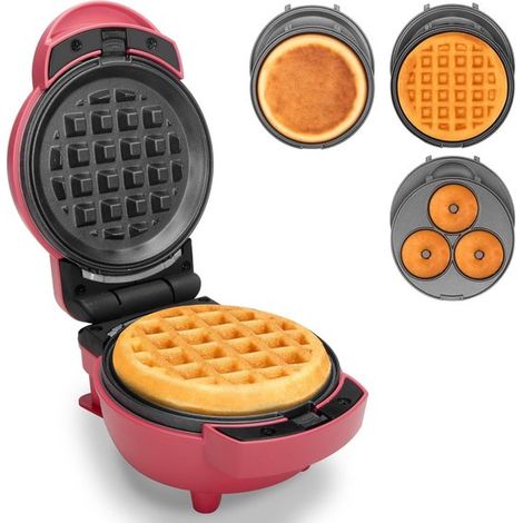 Gaufrier 3 en 1 avec plaques amovibles pour mini-crêpes et mini-donuts - Modèle compact antiadhésif rouge - Facile à nettoyer et à ranger - Idéal pour un petit-déjeuner rapide à la maison (1/5)