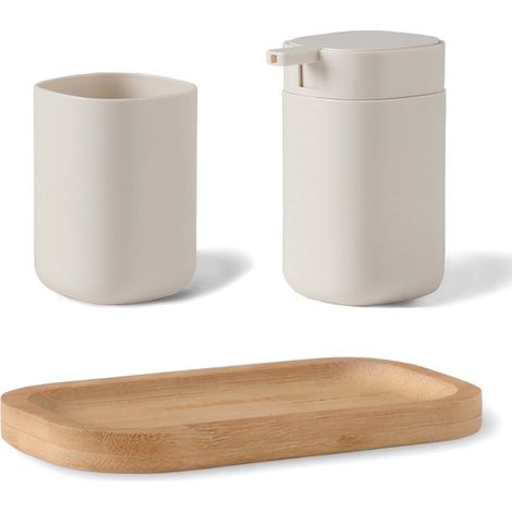Set accessori bagno 3 pz crema con vassoio in bambù - Taki (1/5)