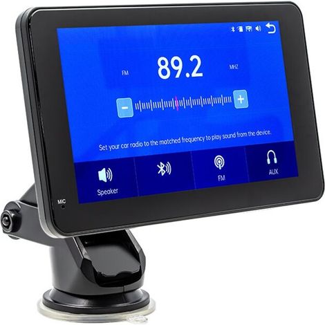 Lettore MP5 portatile per auto con schermo da 7 pollici, navigatore e comandi centralizzati, Bluetooth e compatibilità con CarPlay.