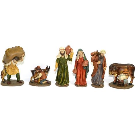 Pastorelli per presepe in poliresina con animali, doni e mestieri 6 soggetti
