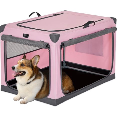 1 - Cage Pour Chien - Caisse De Transport - Pliable En Tissu Oxford Avec Cadre Aluminium - Aération Mesh Pour Voyage Et Extérieur - Rose Et Gris - 70x50x55cm