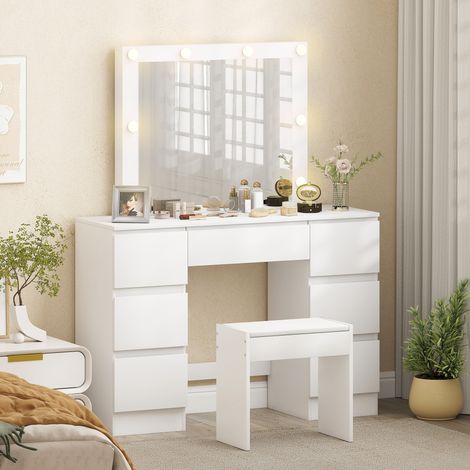 Postazione Trucco con 8 Luci LED, 3 Colori, Luminosità Regolabile, Toeletta Trucco con Sgabello Imbottito, 7 Cassetti e Specchio Stile Hollywood, Postazione Make Up per Camera da Letto, Bianco (1/5)
